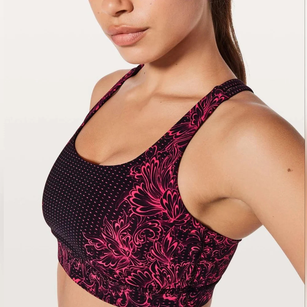 Lululemon Women's Infinity Energy Sports Bra Glossy Black Pink Strappy Back 4